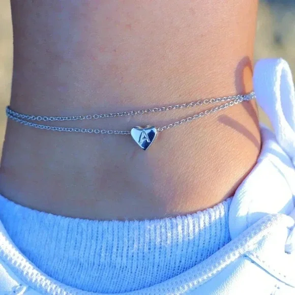 SILVER INITIAL ANKLET ❤️HEART CHARM PERSONALIZED ALPHABET DAINTY, ELDM22336 - Picture 5 of 12